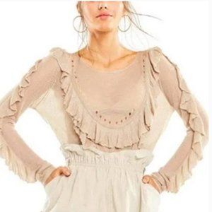 Wildfox tan sheer ruffle knit Camilla sweater top Size XS